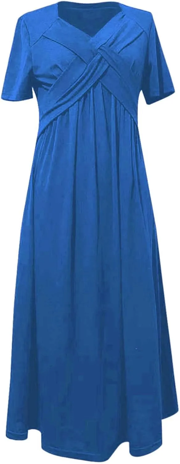 Miyaomn Womens Beach Dresses for Wedding Guest Crisscross Twist Front V Neck Casual Short Sleeve Long Maxi Dress with Pockets