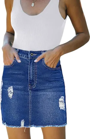 Necooer Womens Denim Skirt Mini Casual Distressed Short Skirt Washed Frayed Stretchy Pencil Jean Skirts with Pocket