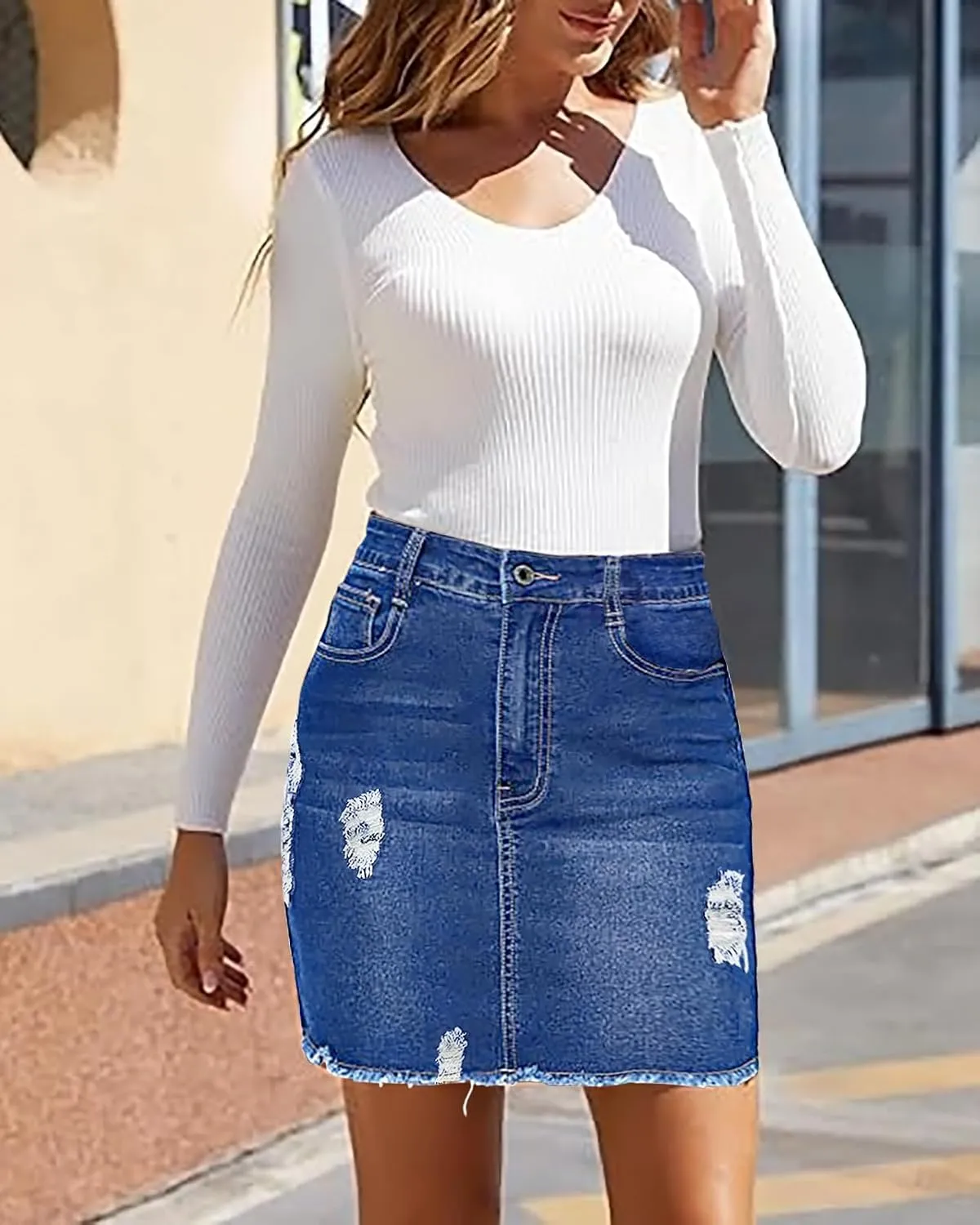 Necooer Womens Denim Skirt Mini Casual Distressed Short Skirt Washed Frayed Stretchy Pencil Jean Skirts with Pocket