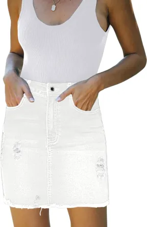 Necooer Womens Denim Skirt Mini Casual Distressed Short Skirt Washed Frayed Stretchy Pencil Jean Skirts with Pocket