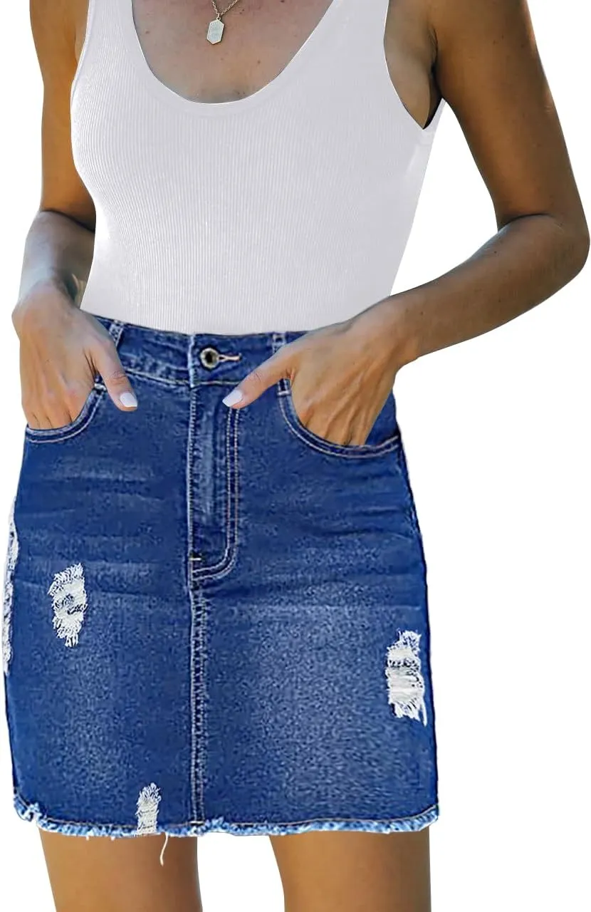 Necooer Womens Denim Skirt Mini Casual Distressed Short Skirt Washed Frayed Stretchy Pencil Jean Skirts with Pocket