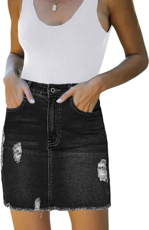 Necooer Womens Denim Skirt Mini Casual Distressed Short Skirt Washed Frayed Stretchy Pencil Jean Skirts with Pocket
