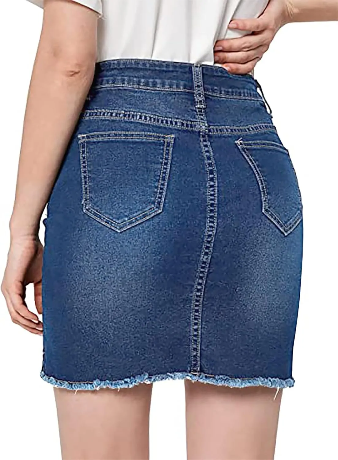 Necooer Womens Denim Skirt Mini Casual Distressed Short Skirt Washed Frayed Stretchy Pencil Jean Skirts with Pocket