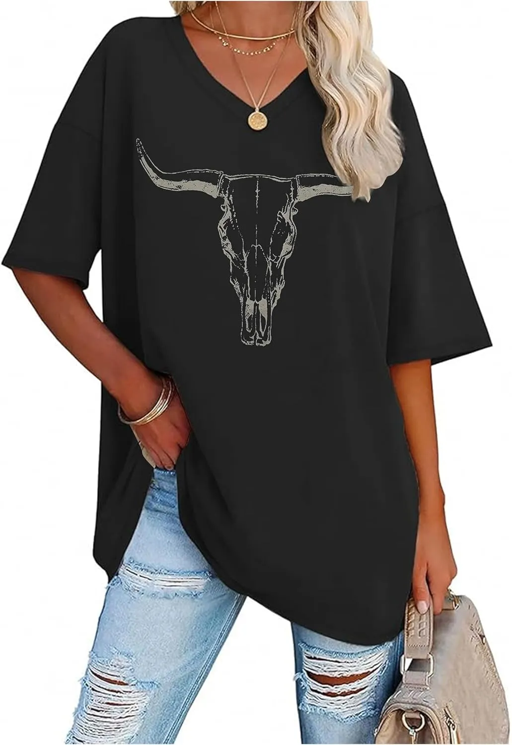 Oversized V Neck Shirts for Women Western Outfits Cowgirl Graphic Tshirts Coutnry Concert Nashville Tops Workout Clothes