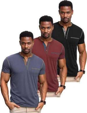 OZL Men's Henley Shirt, Men Polo Short Sleeve Blend T-Shirt with Buttons, Casual Summer Basic Tee 3Pcs