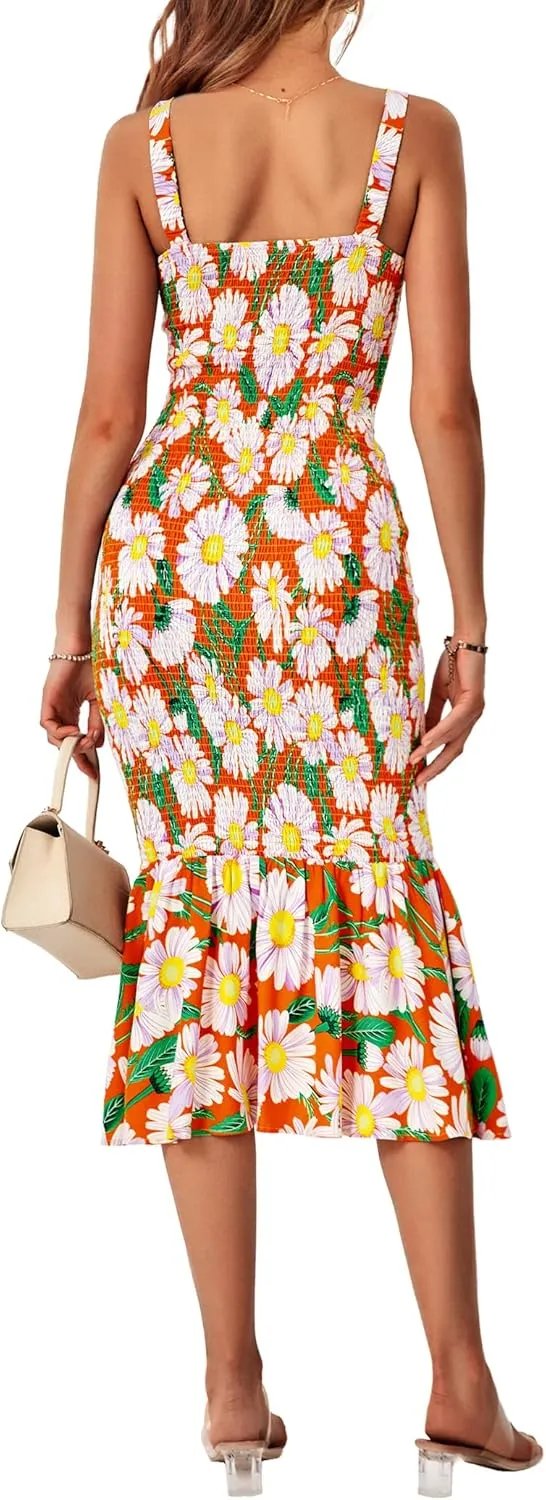 PRETTYGARDEN Women's Summer Floral Midi Tank Dress Sleeveless Strappy Ruffle Hem Smocked Bodycon Dresses