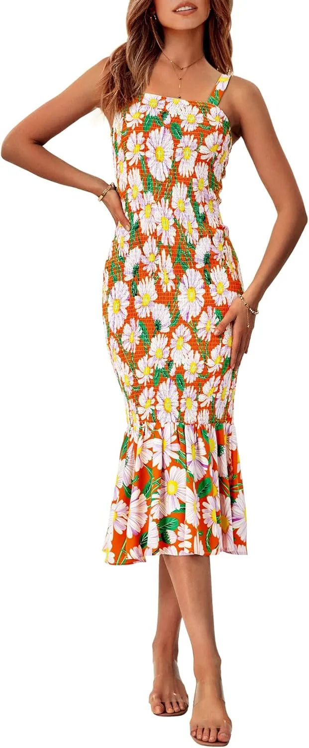 PRETTYGARDEN Women's Summer Floral Midi Tank Dress Sleeveless Strappy Ruffle Hem Smocked Bodycon Dresses