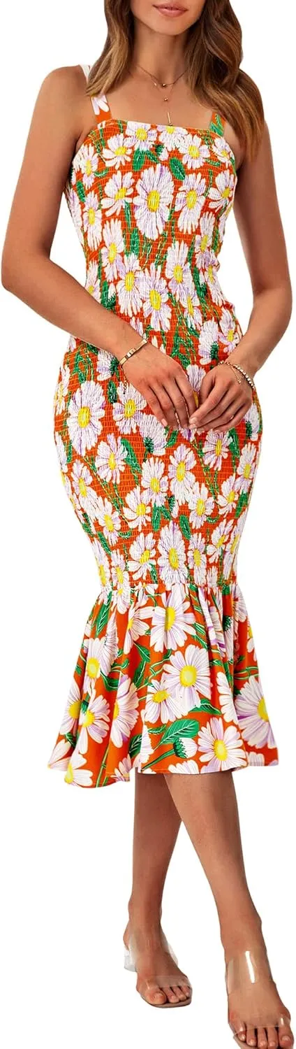 PRETTYGARDEN Women's Summer Floral Midi Tank Dress Sleeveless Strappy Ruffle Hem Smocked Bodycon Dresses