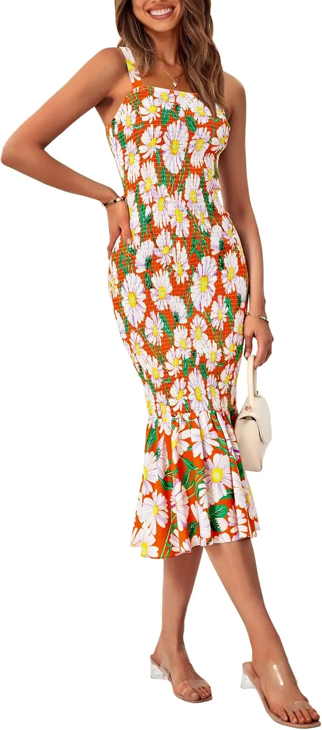 PRETTYGARDEN Women's Summer Floral Midi Tank Dress Sleeveless Strappy Ruffle Hem Smocked Bodycon Dresses