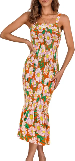 PRETTYGARDEN Women's Summer Floral Midi Tank Dress Sleeveless Strappy Ruffle Hem Smocked Bodycon Dresses