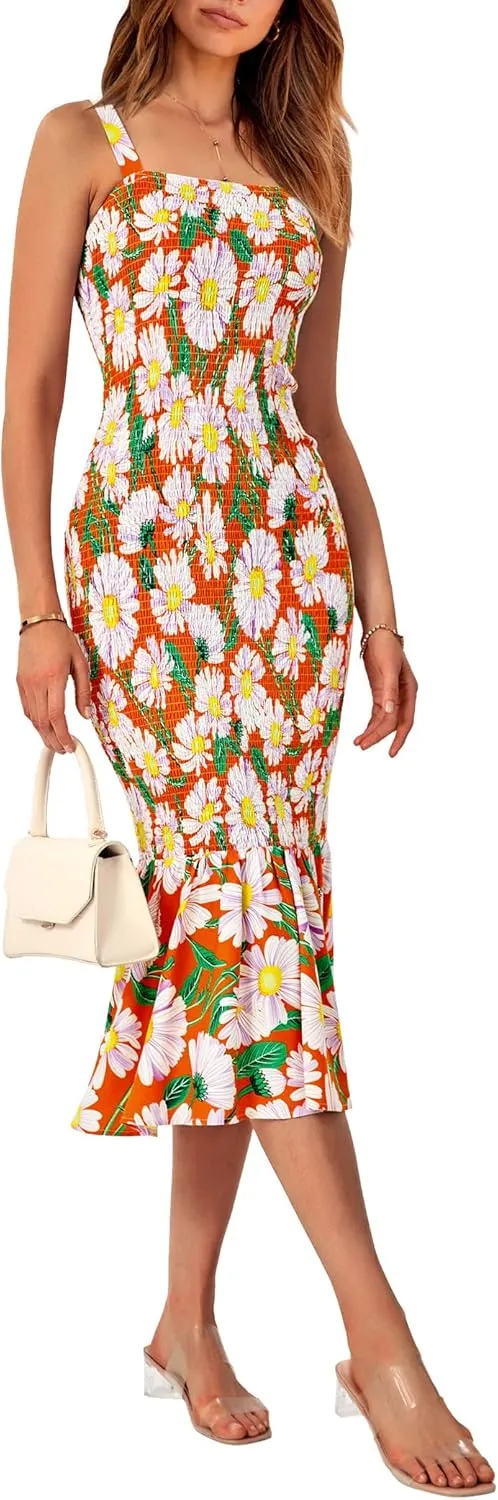 PRETTYGARDEN Women's Summer Floral Midi Tank Dress Sleeveless Strappy Ruffle Hem Smocked Bodycon Dresses