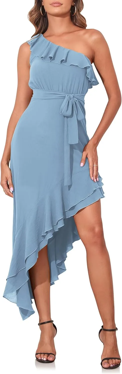 PrettyGuide Women's One Shoulder Maxi Summer Dress Belted Asymmetrical Ruffle Flowy Wedding Guest Dress