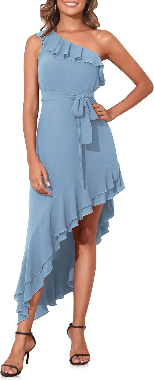 PrettyGuide Women's One Shoulder Maxi Summer Dress Belted Asymmetrical Ruffle Flowy Wedding Guest Dress