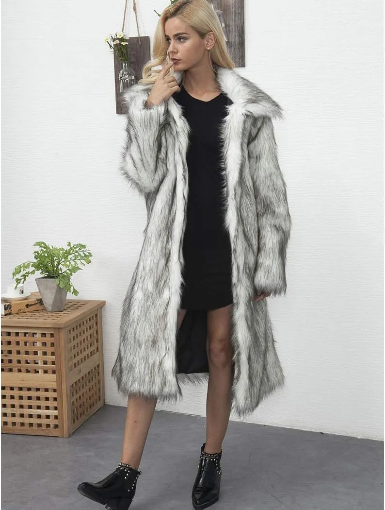RomanticDesign Women's Long Lapel Faux fur Jacket Shaggy Coat Warm Outerwear Cardigan