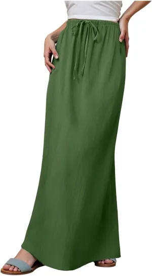Rvidbe Linen Skirts for Women 2025 Cotton Linen Boho Maxi Skirt Spring Summer Trendy Vacation Casual Flowy Drawstring Skirts