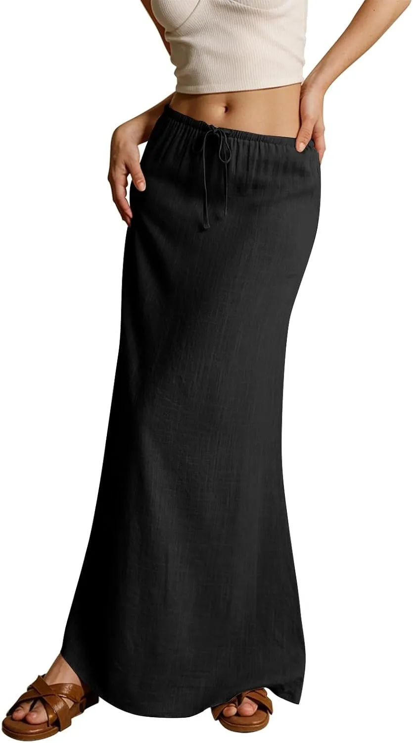 Rvidbe Linen Skirts for Women 2025 Cotton Linen Boho Maxi Skirt Spring Summer Trendy Vacation Casual Flowy Drawstring Skirts