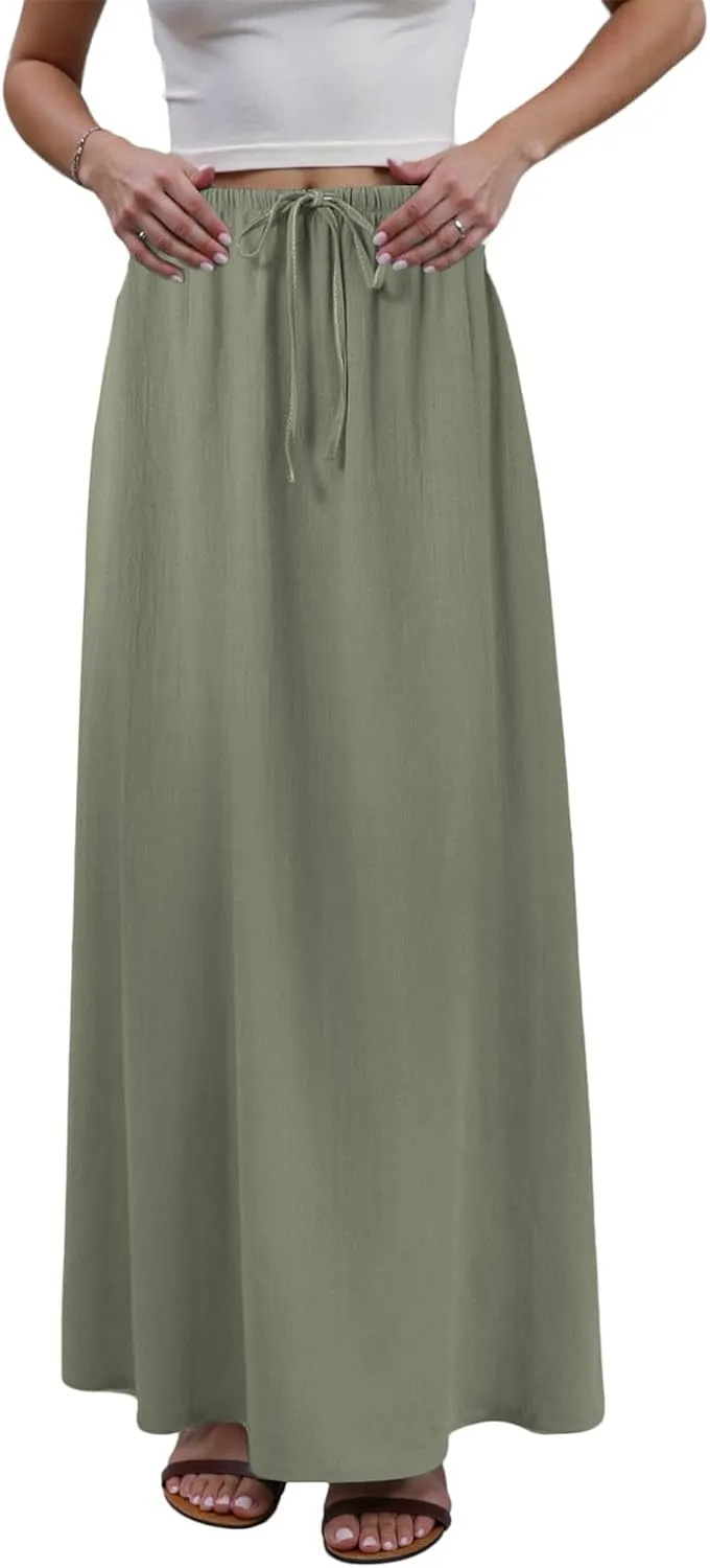 Rvidbe Linen Skirts for Women 2025 Cotton Linen Boho Maxi Skirt Spring Summer Trendy Vacation Casual Flowy Drawstring Skirts