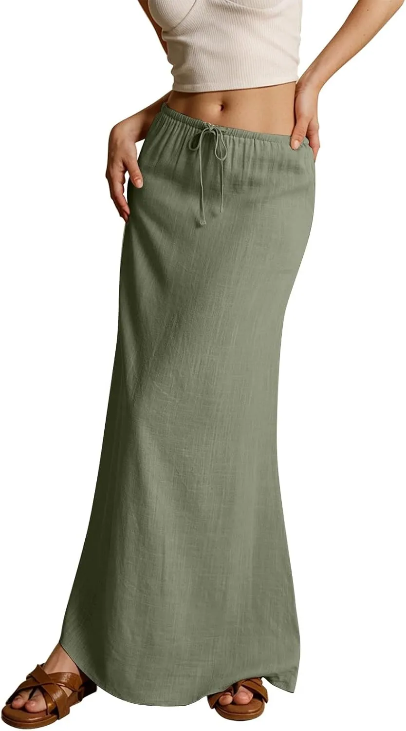 Rvidbe Linen Skirts for Women 2025 Cotton Linen Boho Maxi Skirt Spring Summer Trendy Vacation Casual Flowy Drawstring Skirts