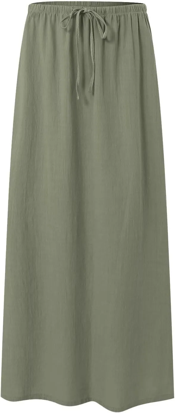 Rvidbe Linen Skirts for Women 2025 Cotton Linen Boho Maxi Skirt Spring Summer Trendy Vacation Casual Flowy Drawstring Skirts