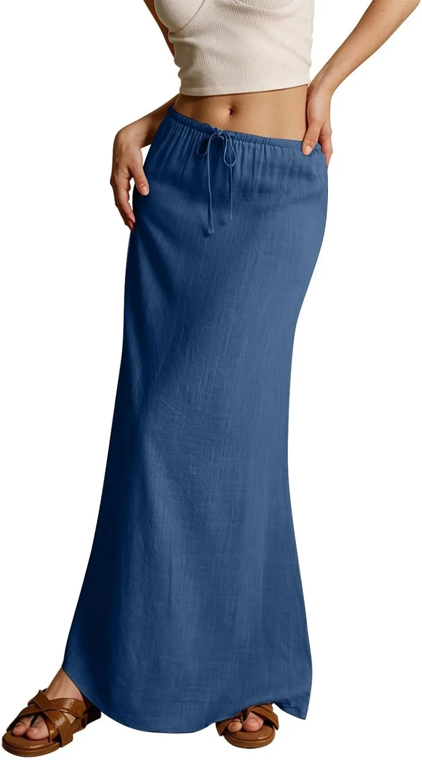 Rvidbe Linen Skirts for Women 2025 Cotton Linen Boho Maxi Skirt Spring Summer Trendy Vacation Casual Flowy Drawstring Skirts