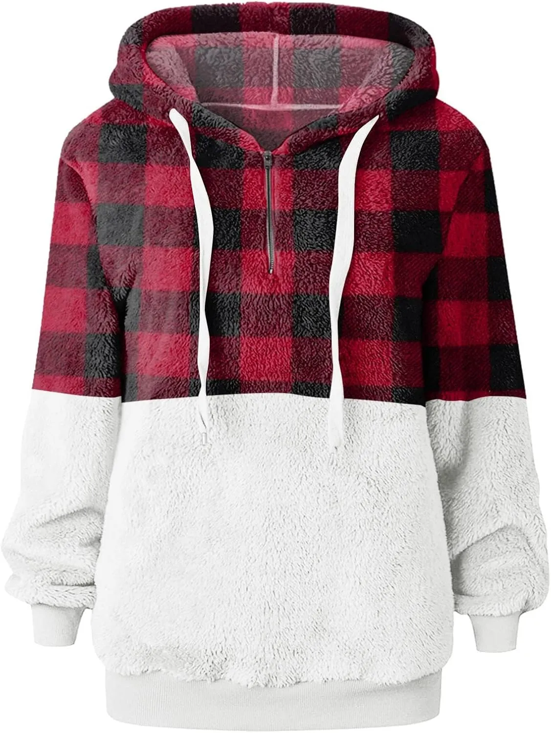 Sherpa Pullover Womens Warm Double Fleece Sweatshirts Relax Fit Fluffy Plaid Oversized Fuzzy Hoodie with Pockets