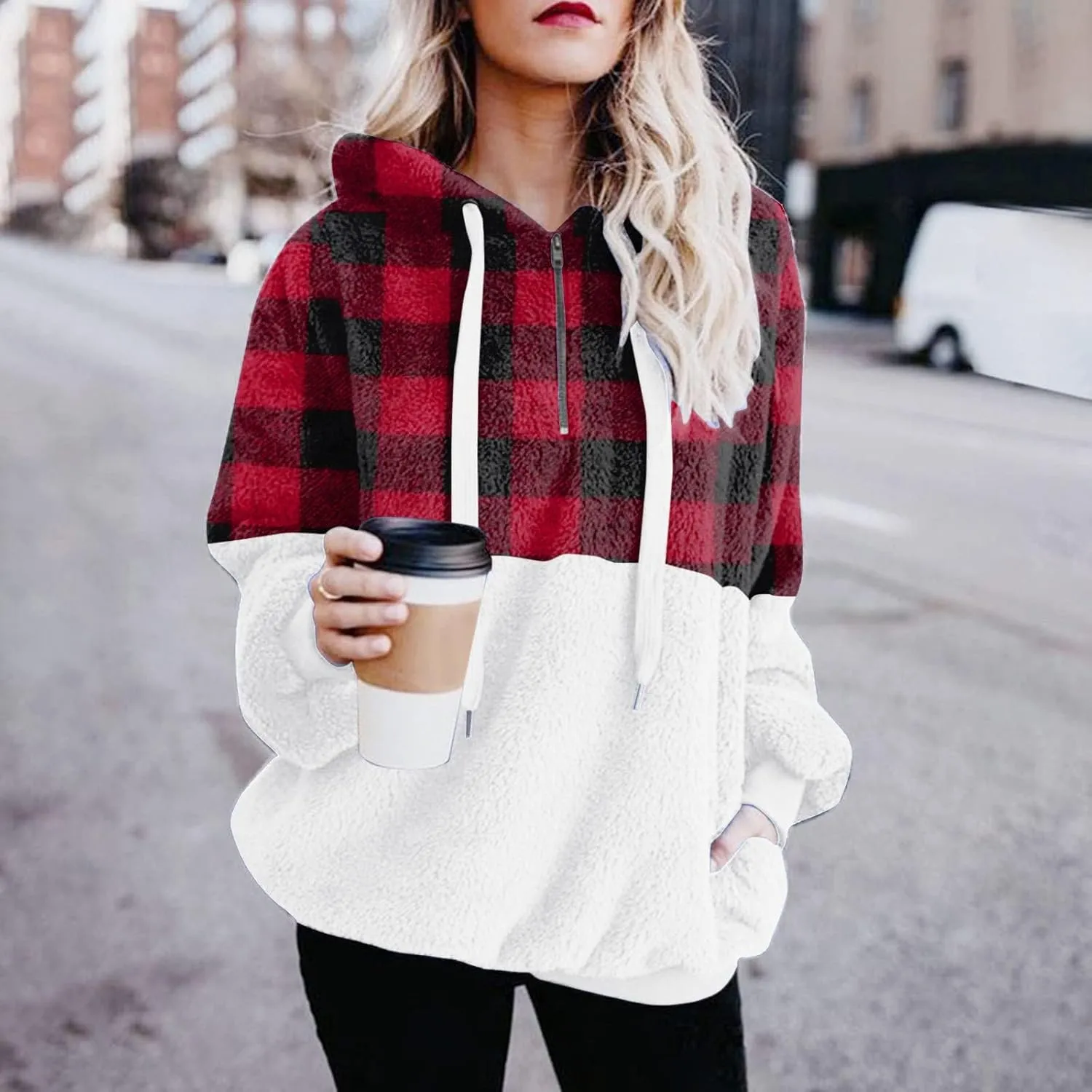 Sherpa Pullover Womens Warm Double Fleece Sweatshirts Relax Fit Fluffy Plaid Oversized Fuzzy Hoodie with Pockets