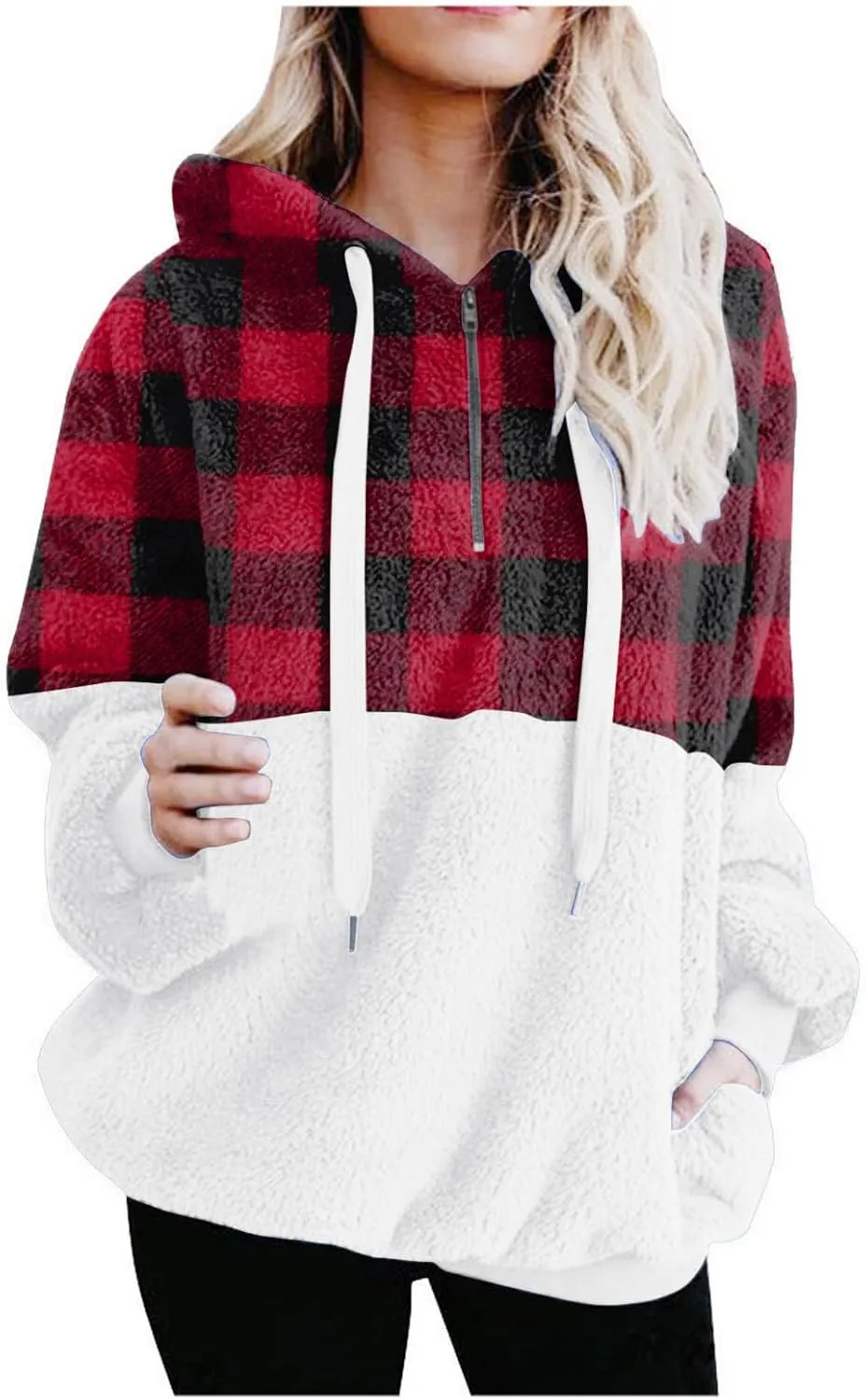 Sherpa Pullover Womens Warm Double Fleece Sweatshirts Relax Fit Fluffy Plaid Oversized Fuzzy Hoodie with Pockets