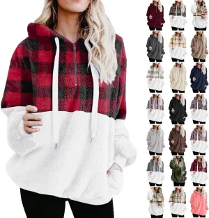 Sherpa Pullover Womens Warm Double Fleece Sweatshirts Relax Fit Fluffy Plaid Oversized Fuzzy Hoodie with Pockets