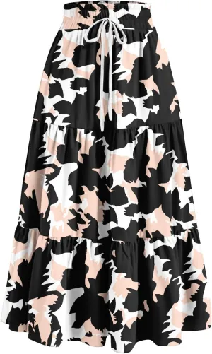 Skirts for Women Summer Tiered Elastic High Waisted Floral Skirt Vacation A Line Drawstring Flowy Long Skirts