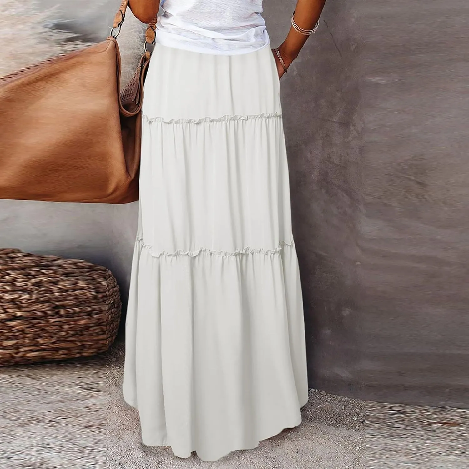 Skirts for Women Trendy Solid Travel Trendy Business Elastic Waist Festival Pleated Beach Swing Maxi Skirts for Women