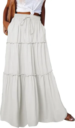 Skirts for Women Trendy Solid Travel Trendy Business Elastic Waist Festival Pleated Beach Swing Maxi Skirts for Women