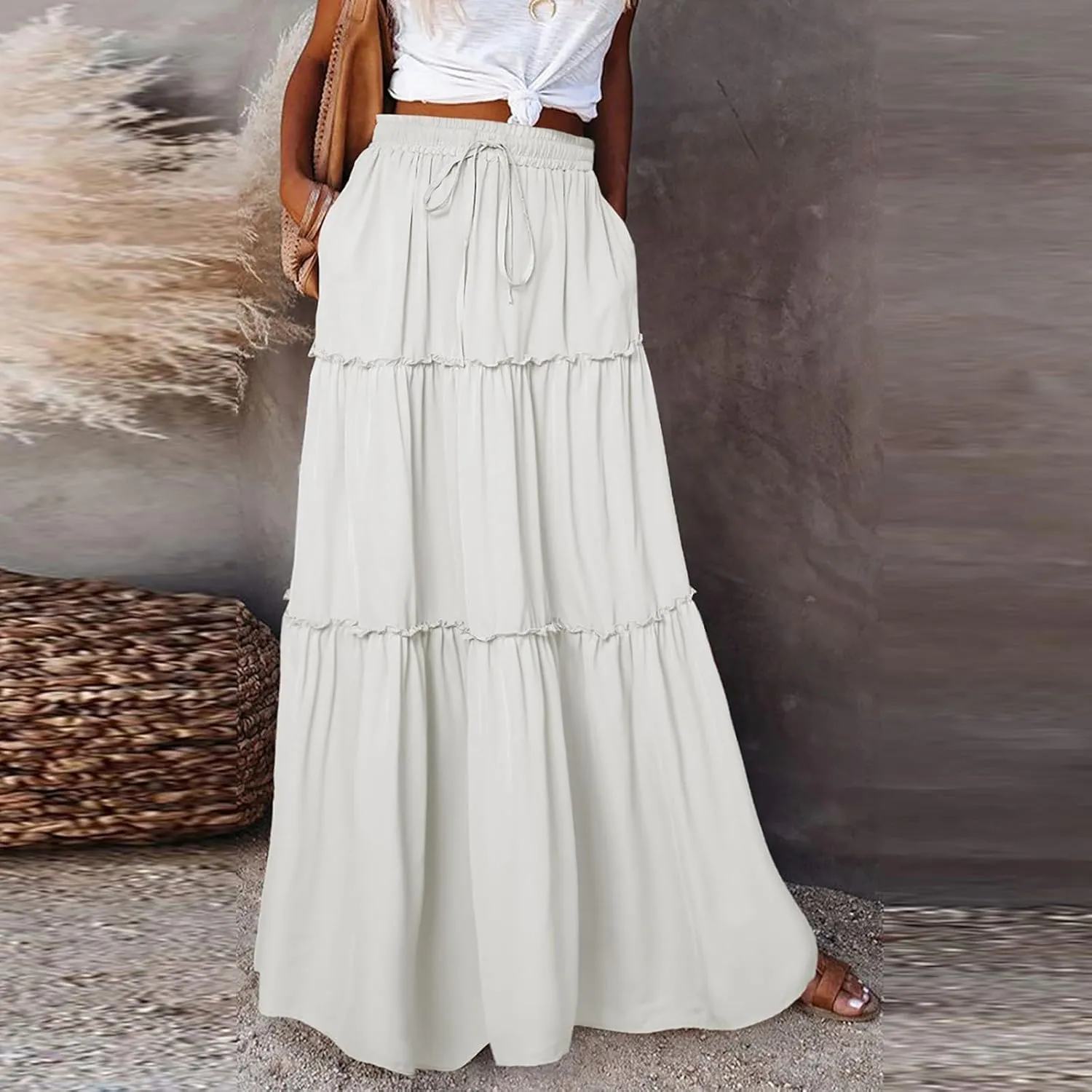 Skirts for Women Trendy Solid Travel Trendy Business Elastic Waist Festival Pleated Beach Swing Maxi Skirts for Women
