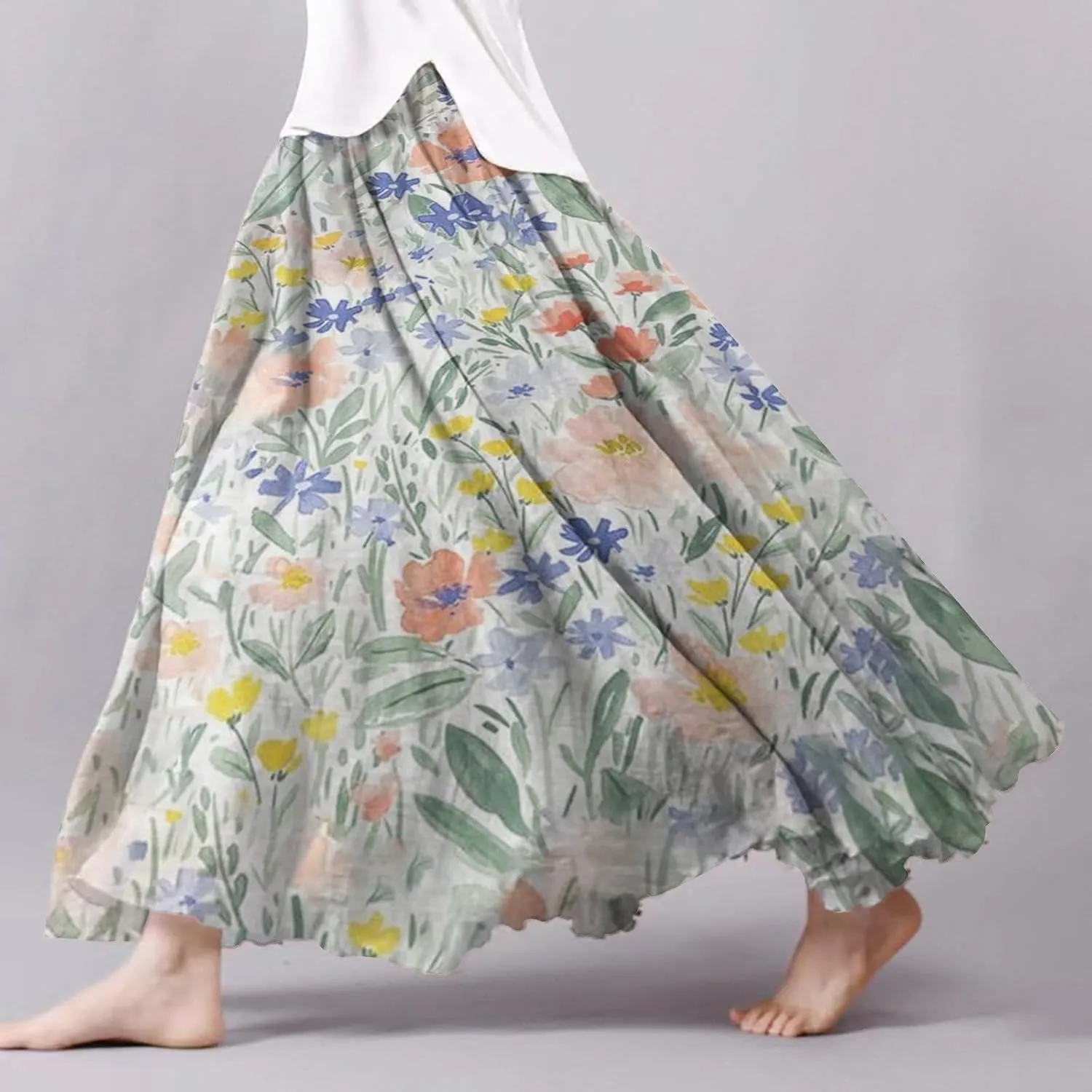 Skirts for Women Trendy Summer Fall Retro Floral Art Linen Elastic High Waist Tiered Long Maxi Skirt with Pockets