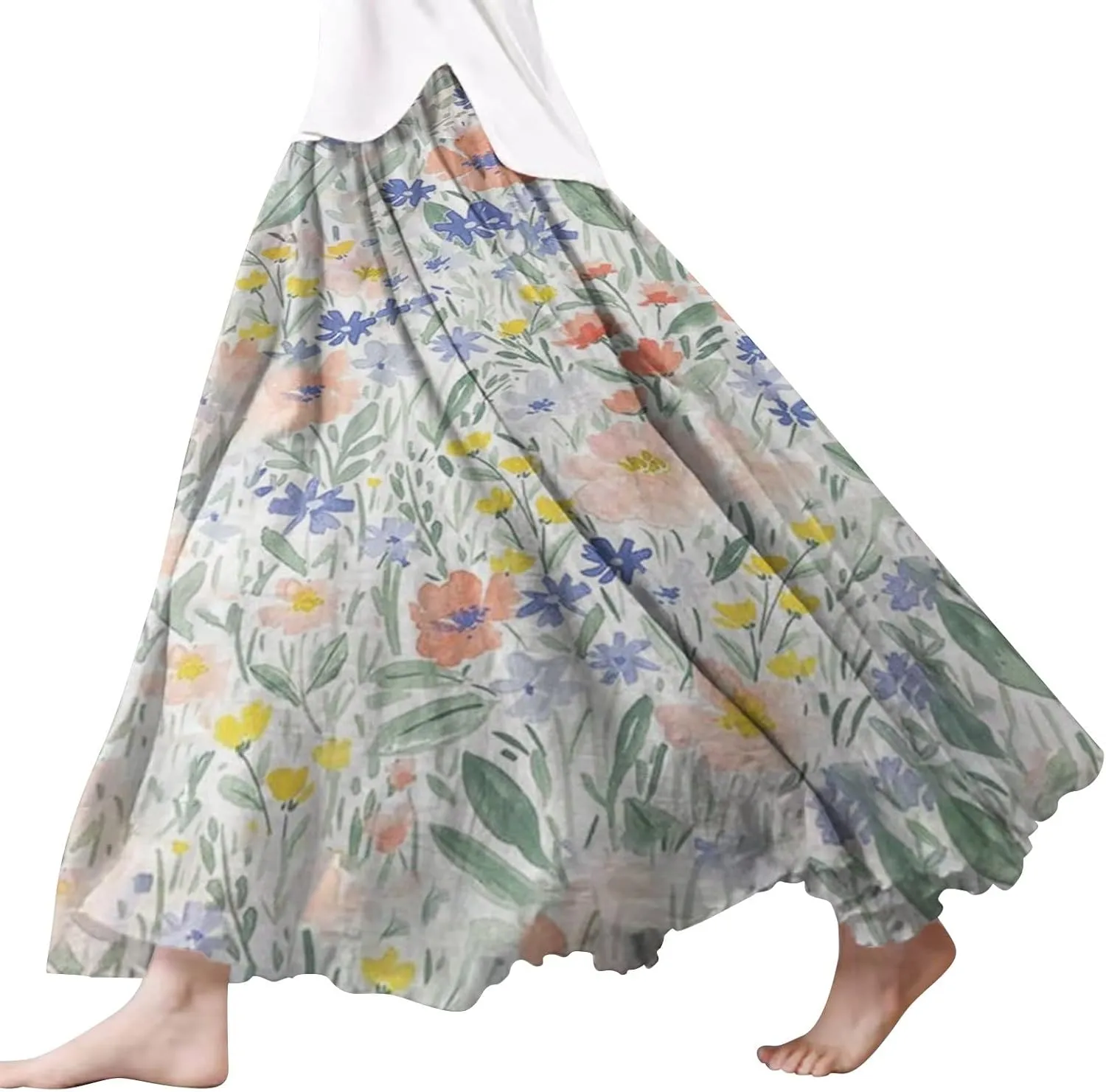 Skirts for Women Trendy Summer Fall Retro Floral Art Linen Elastic High Waist Tiered Long Maxi Skirt with Pockets