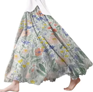 Skirts for Women Trendy Summer Fall Retro Floral Art Linen Elastic High Waist Tiered Long Maxi Skirt with Pockets