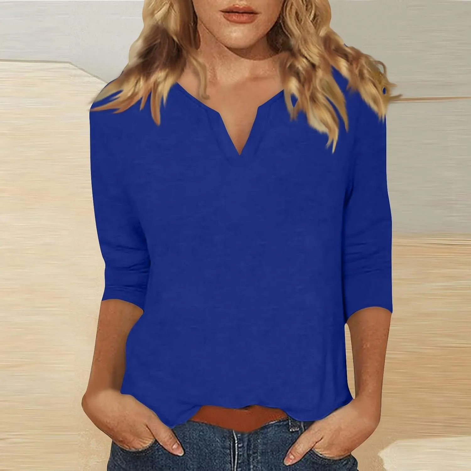 slqdgmryz 3/4 Sleeve Tops for Women Summer Notched V Neck Plain T Shirts Casual Cute Three Quarter Length Dressy Blouses