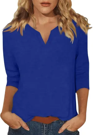 slqdgmryz 3/4 Sleeve Tops for Women Summer Notched V Neck Plain T Shirts Casual Cute Three Quarter Length Dressy Blouses