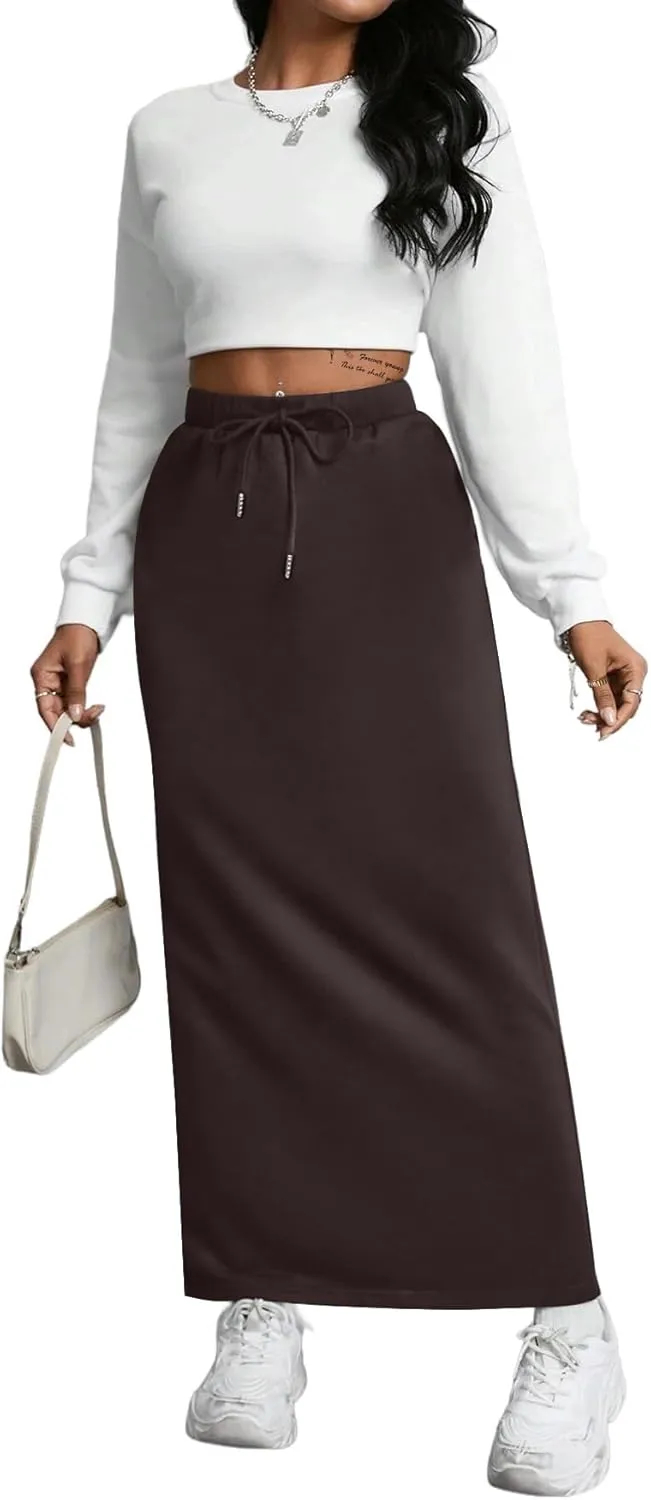 SOFIA'S CHOICE Women's Drawstring Skirt High Waist A Line Maxi Skirts with Pockets