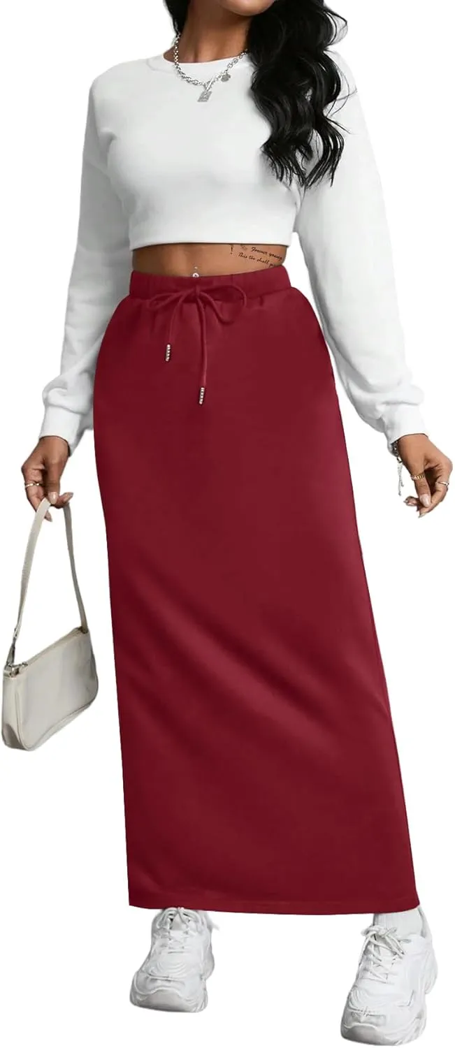 SOFIA'S CHOICE Women's Drawstring Skirt High Waist A Line Maxi Skirts with Pockets