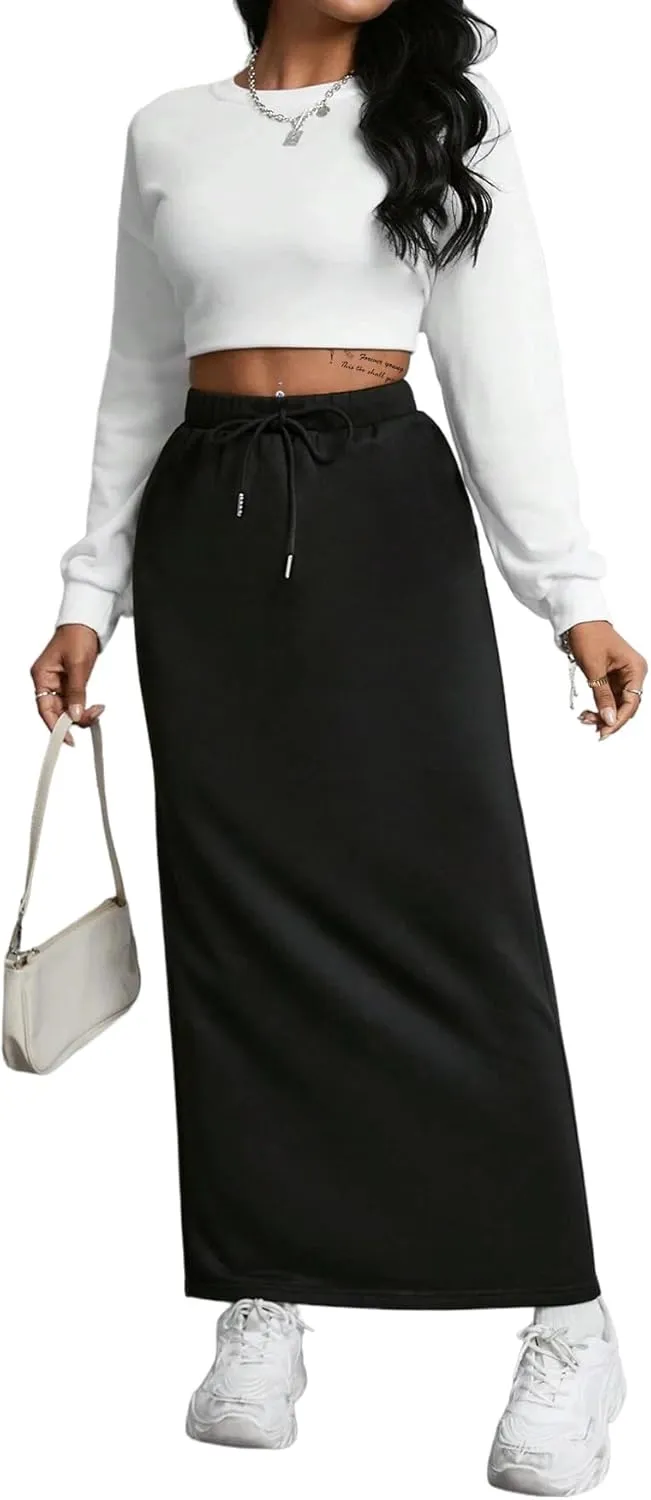 SOFIA'S CHOICE Women's Drawstring Skirt High Waist A Line Maxi Skirts with Pockets