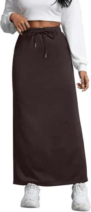 SOFIA'S CHOICE Women's Drawstring Skirt High Waist A Line Maxi Skirts with Pockets
