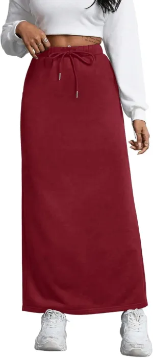 SOFIA'S CHOICE Women's Drawstring Skirt High Waist A Line Maxi Skirts with Pockets