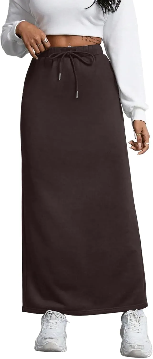 SOFIA'S CHOICE Women's Drawstring Skirt High Waist A Line Maxi Skirts with Pockets