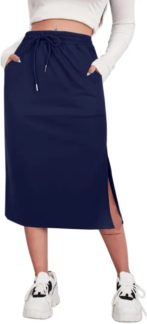 SOFIA'S CHOICE Women's Midi Skirt Drawstring High Waist Slit Skirts with Pockets