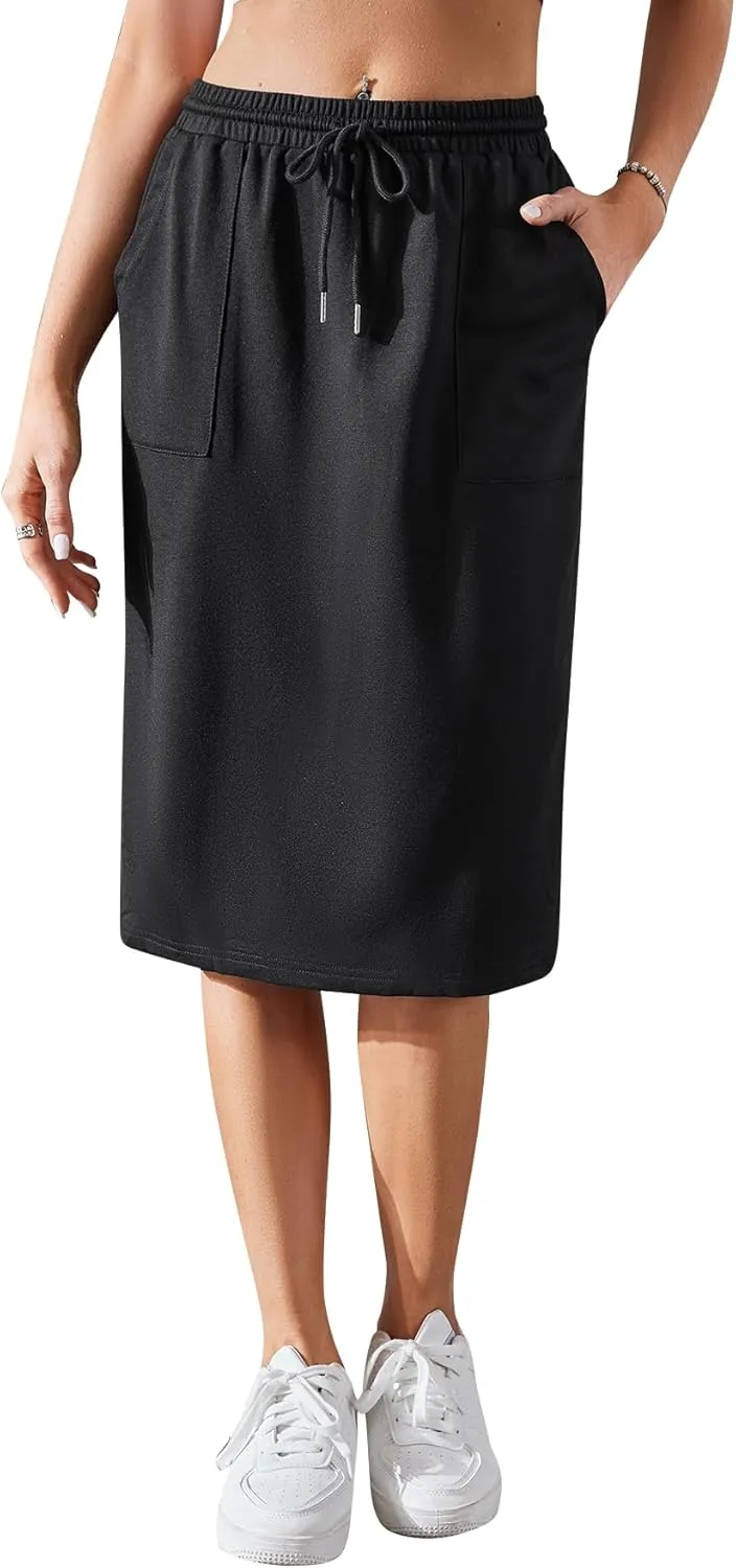 SOFIA'S CHOICE Women's Midi Skirt Drawstring High Waist Sweat Skirts with Pockets