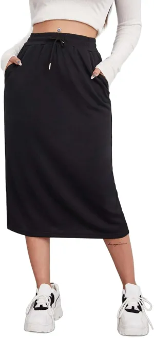SOFIA'S CHOICE Women's Midi Skirt Drawstring High Waist Sweat Skirts with Pockets