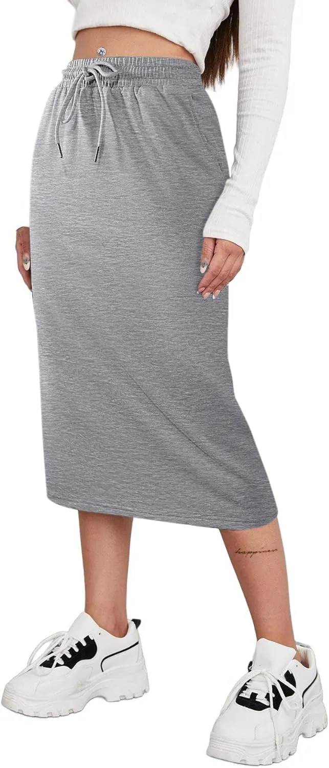 SOFIA'S CHOICE Women's Midi Skirt Drawstring High Waist Sweat Skirts with Pockets