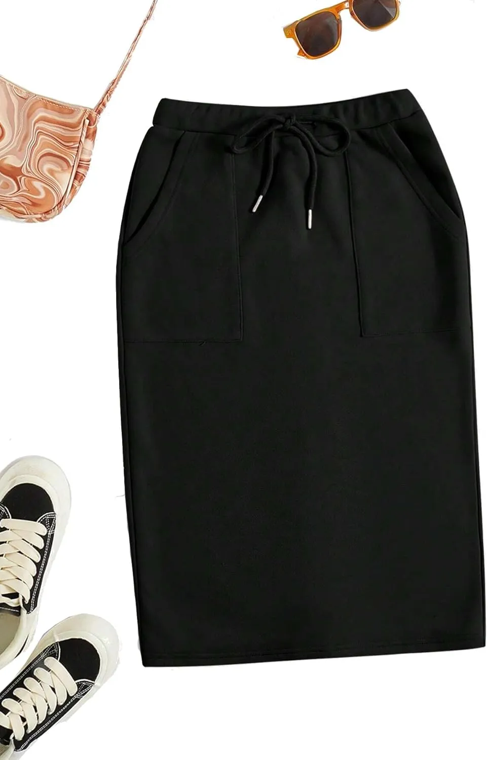 SOFIA'S CHOICE Women's Midi Skirt Drawstring High Waist Sweat Skirts with Pockets