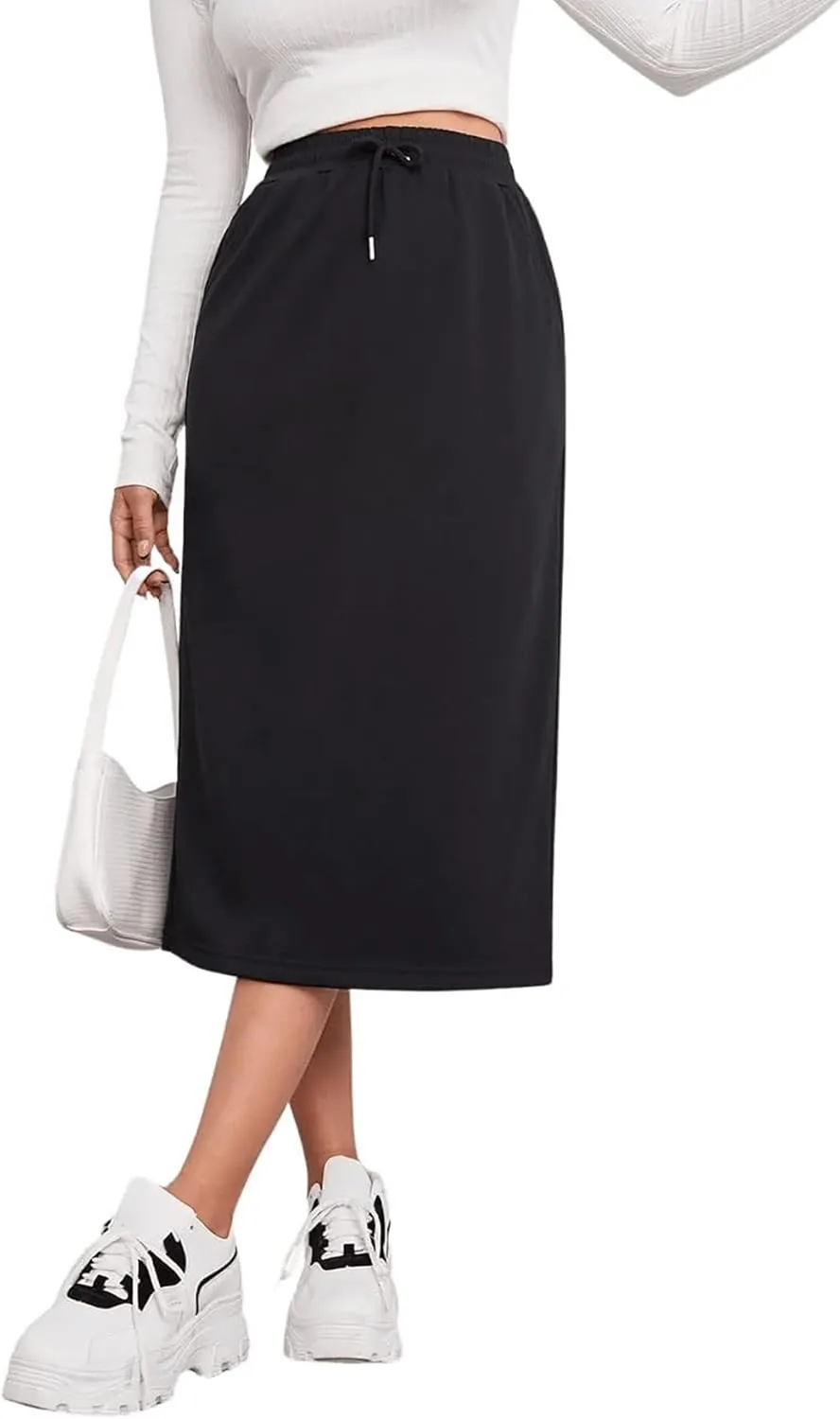 SOFIA'S CHOICE Women's Midi Skirt Drawstring High Waist Sweat Skirts with Pockets