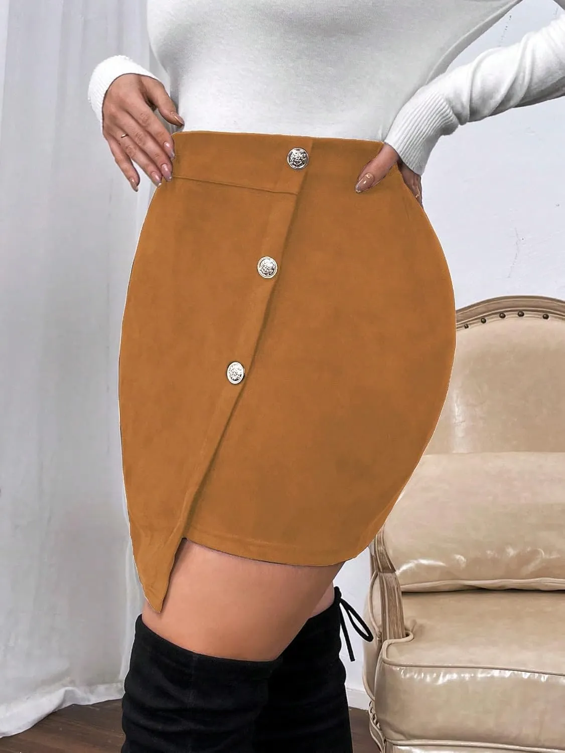 SOLY HUX Women's Plus Size Button Front Wrap Asymmetrical Hem Bodycon Skirt High Waist Mini Skirts
